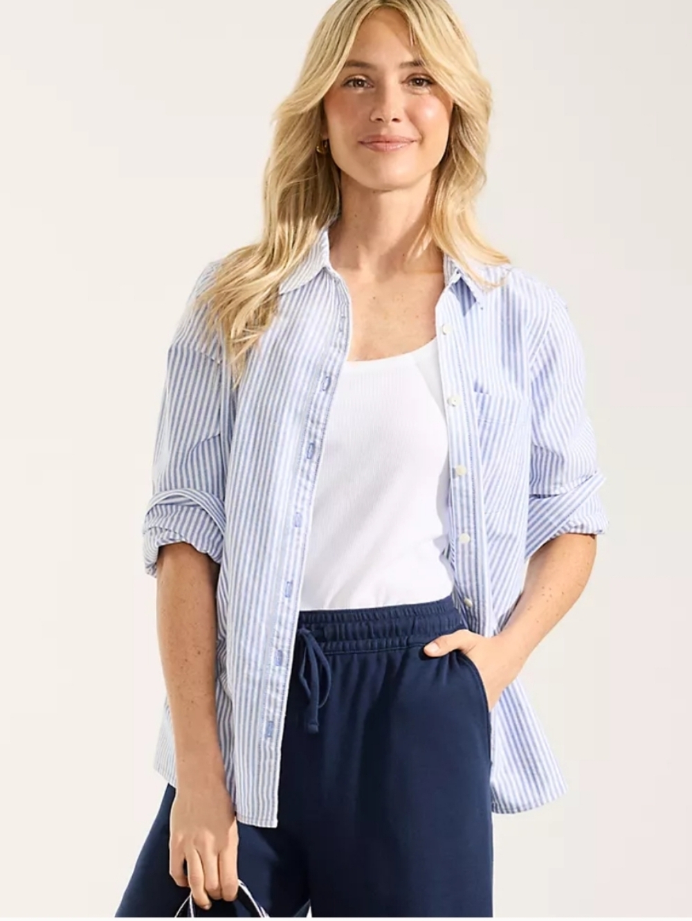 Columbia Women's Light Blue and White Striped Button Down Shirt